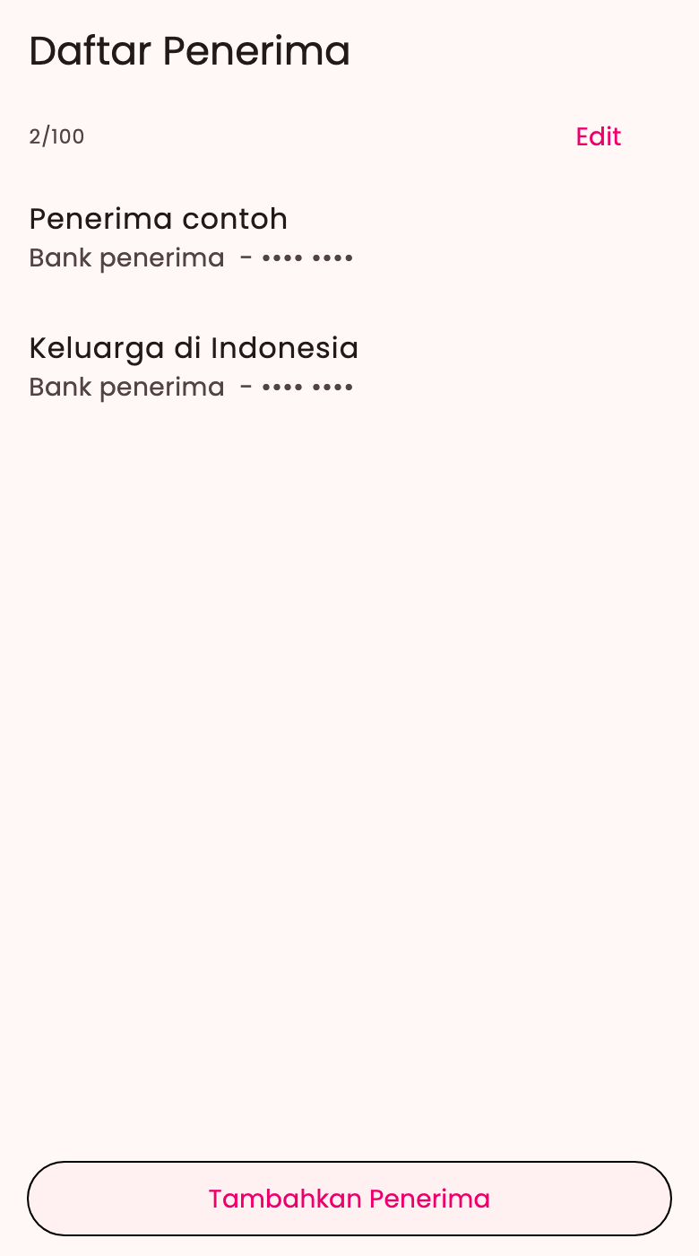 Daftar penerima di aplikasi Pay88 dengan data contoh, tanpa nomor rekening asli